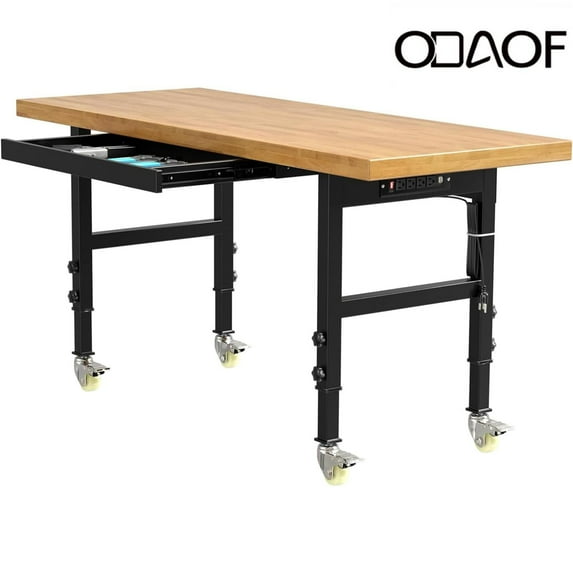Odaof 60" Adjustable Heavy-Duty Workbench with Drawer ,Rubber Wood Top Worktable,Load Capacity 2000 lbs with Power Outlets and Wheels for Garage,Office,Home