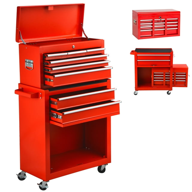 Odaof 8 Drawer Mechanic Tool Chest with Wheels Heavy Duty Rolling Tool Box Cabinet with Riser Sliding Drawers Keyed Locking System Top Detachable Toolbox Organizer for Workshop Red