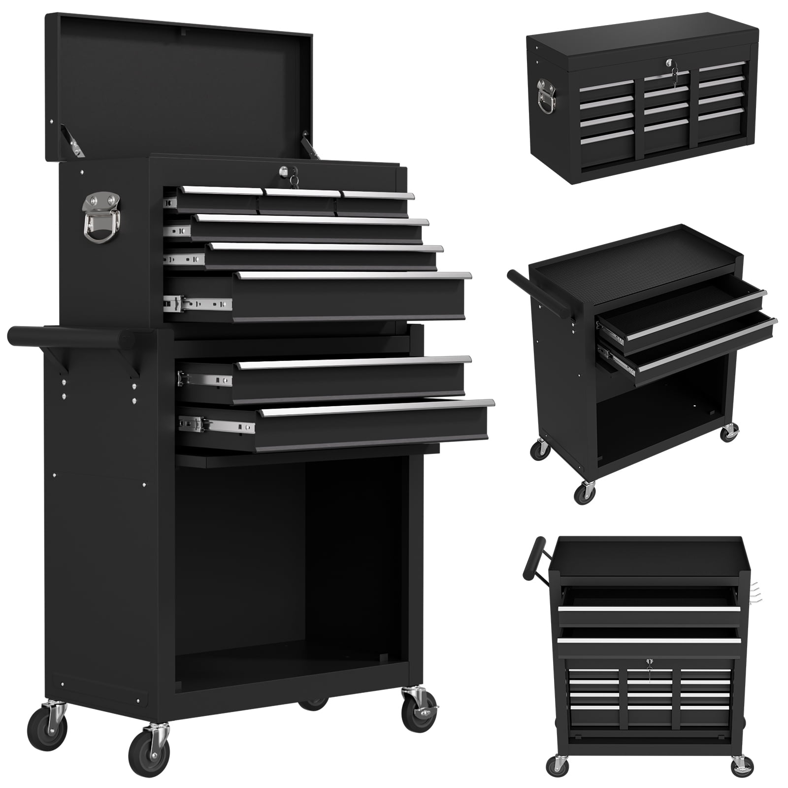 Odaof 8 Drawer Mechanic Tool Chest with Wheels Heavy Duty Rolling Tool Box Cabinet with Riser Sliding Drawers Keyed Locking System Top Detachable Toolbox Organizer for Workshop Cool Black