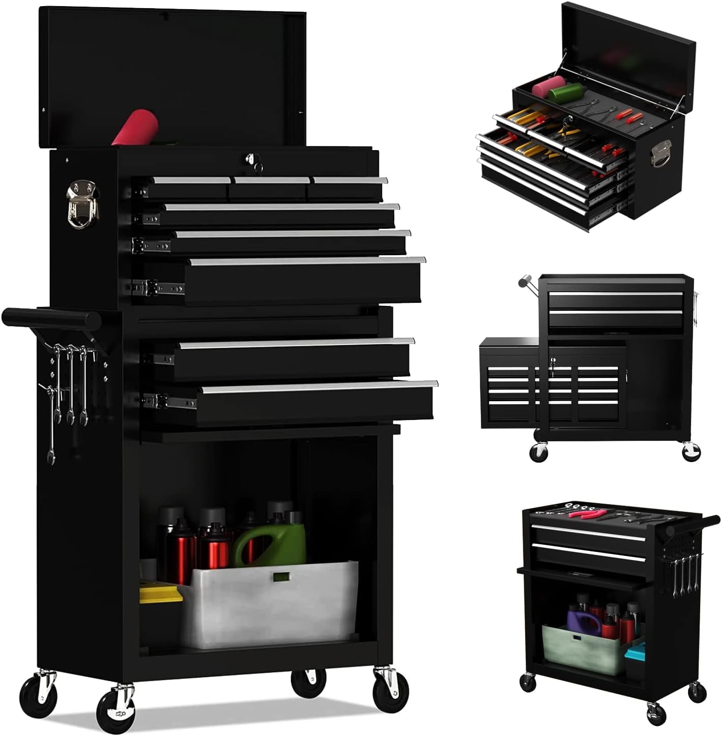 Odaof 8 Drawer Mechanic Tool Chest with Wheels Heavy Duty Rolling Tool Box Cabinet with Riser Sliding Drawers Keyed Locking System Top Detachable Toolbox Organizer for Workshop Cool Black