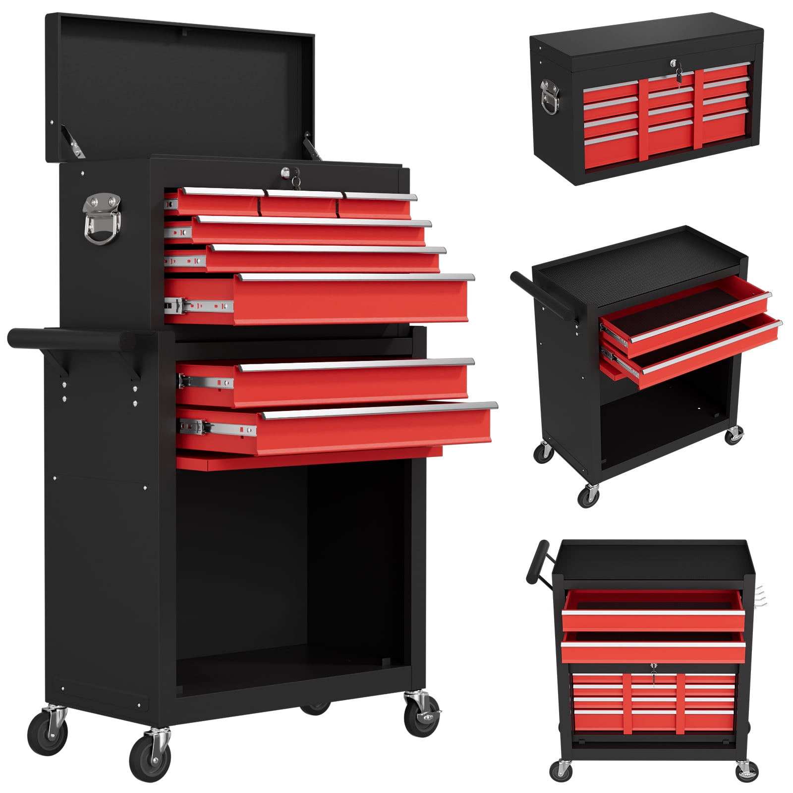 Odaof 8 Drawer Mechanic Tool Chest with Wheels Heavy Duty Rolling Tool Box Cabinet with Riser Sliding Drawers Keyed Locking System Top Detachable Toolbox Organizer for Workshop-Black&Red