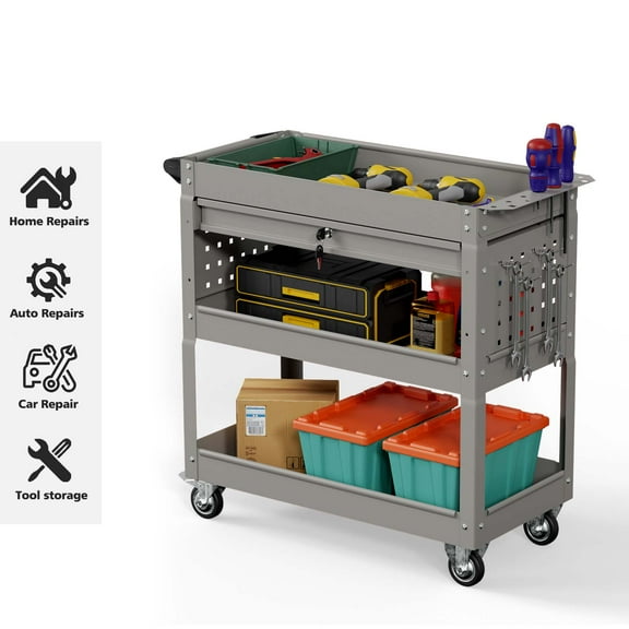 Odaof Big Tool Cart, 4-Wheel Tool Cart, Rolling Tool Cart, Big Tool Storage Cart, Tool Cart with Ball-Bearing Slides, Tool Cart & Tool Chest for Garage and Warehouse-Gray