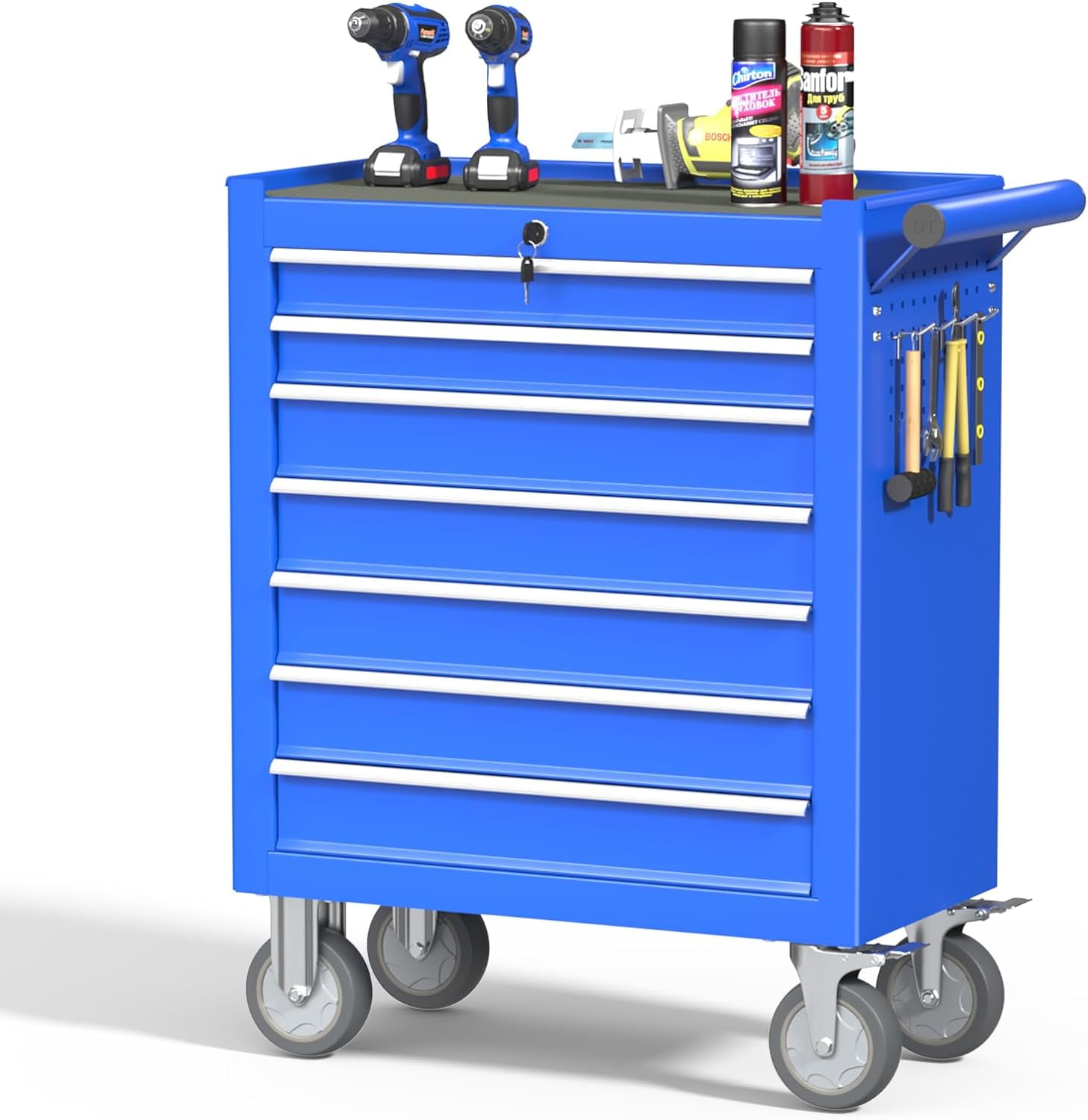 7-Drawer Rolling Tool Chest With Pegboard & Stainless Top – Heavy Duty Workstation, 600 Lb Capacity, Locking Wheels, Blue