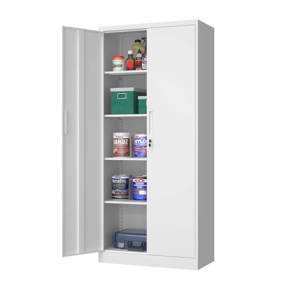 Odaof Metal Garage Storage with 2 Doors and 4 Adjustable Shelves,71" Lockable Tall Steel Cabinet for Office,Garage,School,Home (White)