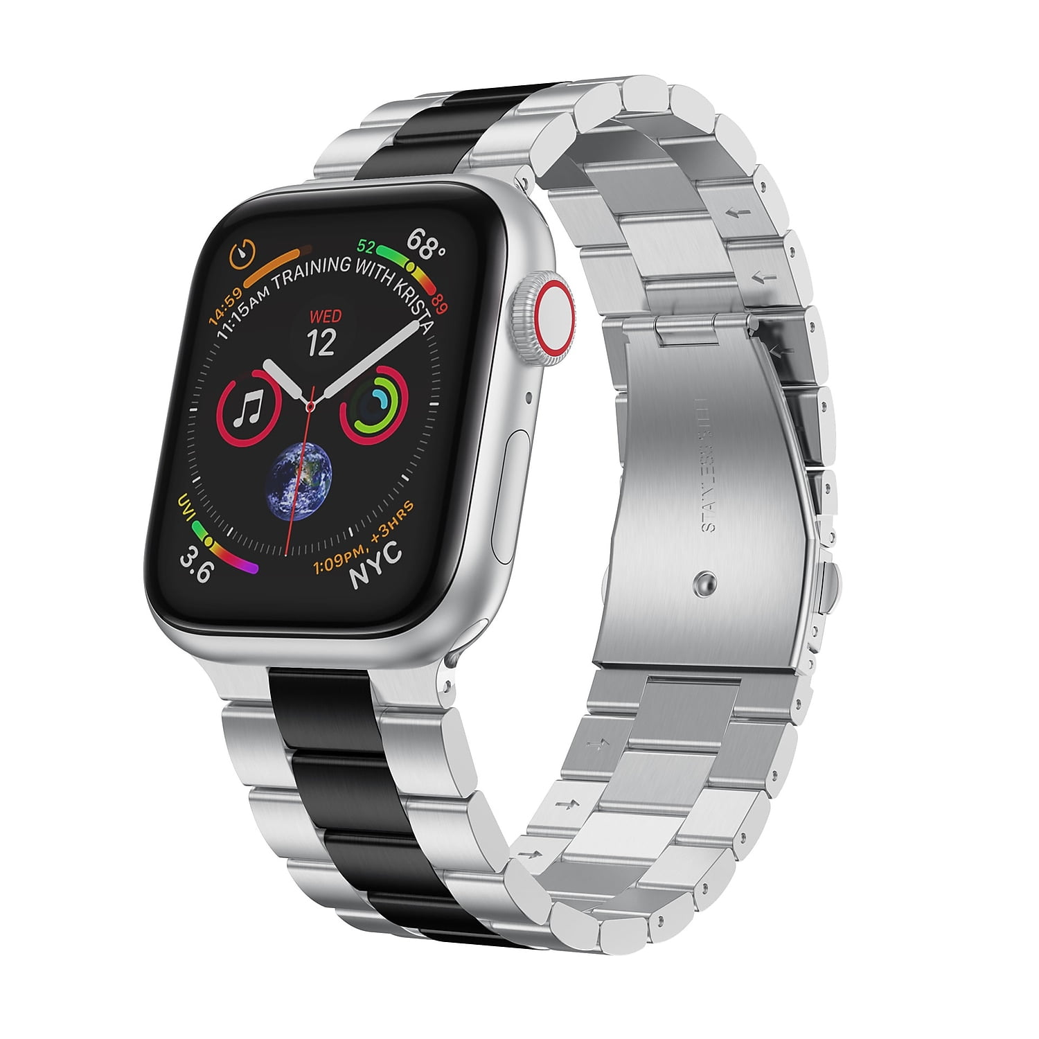 Odash VL-SS002BLK-45 42-44-45-49 mm Stainless Steel Two Tone Band for Apple Watch, Black & Silver