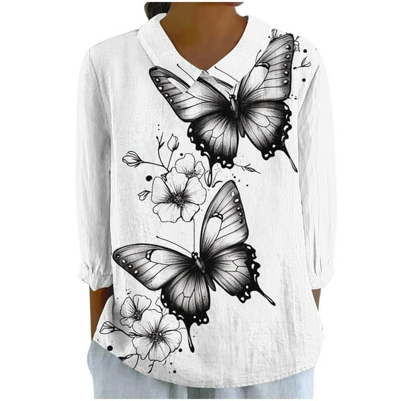Odbmxy 3/4 Sleeve Juniors Shirts Collared Women's Plus Size Tops Fancy Butterfly Print Leisure Loose Pull on Beach Tops,White XL