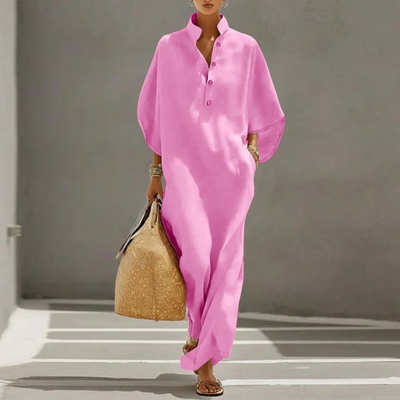 Odbmxy 3/4 Sleeve Maxi Dress Women Fall Cotton Linen Tent Button Collared Vacation Shirt Dress Women Modest Oversized