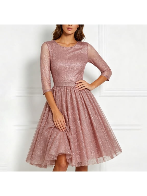 3/4 Sleeve Midi Dress for Women Fall Cocktail Sequin Loose Plain A-Line Dress Women Evening Gown Sparkly