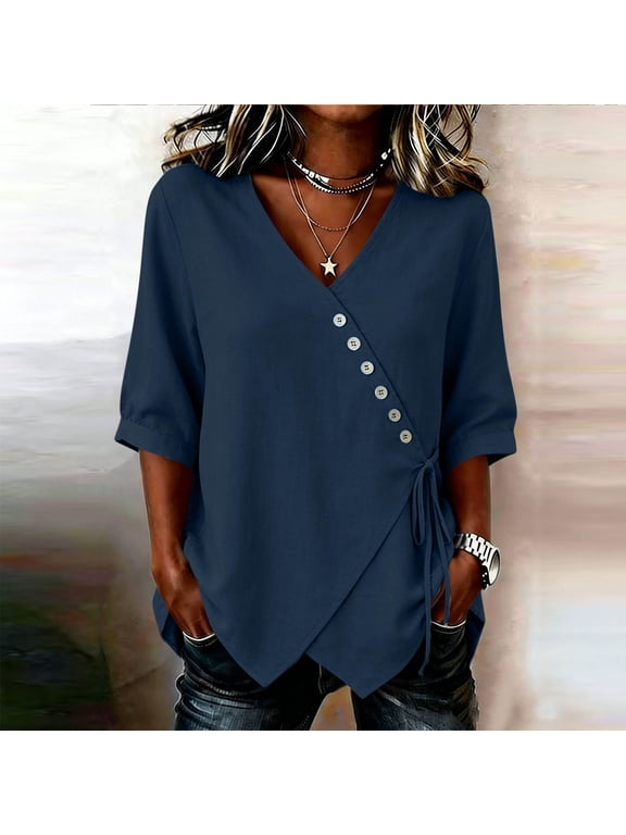 3/4 Sleeve Shirts for Women Cotton Linen Fall Tunic Womens Blouses Loose V-Neck Plain Camping Button Leisure Tops