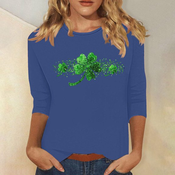 Odbmxy 3/4 Sleeve T Shirts for Women St Patricks Day Shamrock Plus Size Tops Women Festivals Blue Leisure Loose Shirts
