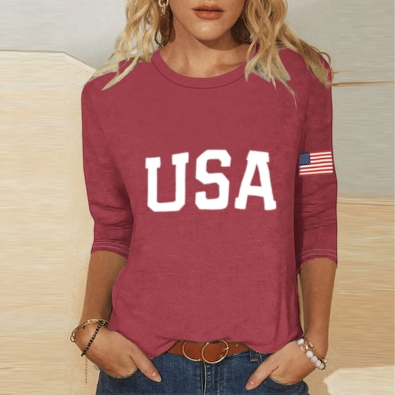 Odbmxy 3/4 Sleeve Tee Shirts for Women Plus Size Independence Day Summer Women's Shirts Loose Casual American Flag Holiday Tops