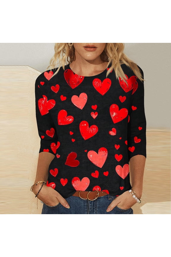 3/4 Sleeve Tee Shirts for Women Valentine's Day Plus Size Womens Tops Loose Festivals Casual Romantic Heart-shaped Tops Red