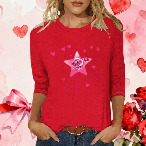 Odbmxy 3/4 Sleeve Tee Shirts for Women Valentines Women's Plus Size Tops Leisure Workout Graphic Holiday Loose Tops Red