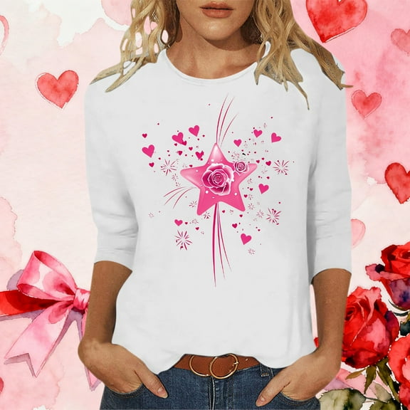 Odbmxy 3/4 Sleeve Women T Shirt Valentines Tops for Women Holiday Loose Workout Graphic Leisure Tops White