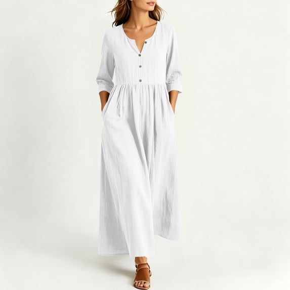 Odbmxy 3/4 Sleeve Womens Dresses Maxi A-Line Fall Smock Office Solid Color Button Loose Dress for Women Elegant