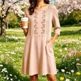 thumbnail image 1 of Odbmxy 3/4 Sleeve Womens Dresses Mini Fall Boho Shift Vacation Regular Womens Dresses Tunic Embroidery Tent, 1 of 6