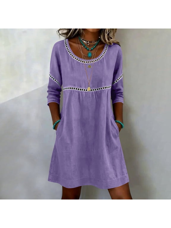 3/4 Sleeve Womens Mini Dress Tunic Cotton Linen Fall Shift Plain Holiday Peasant Dress Women Regular with Pockets