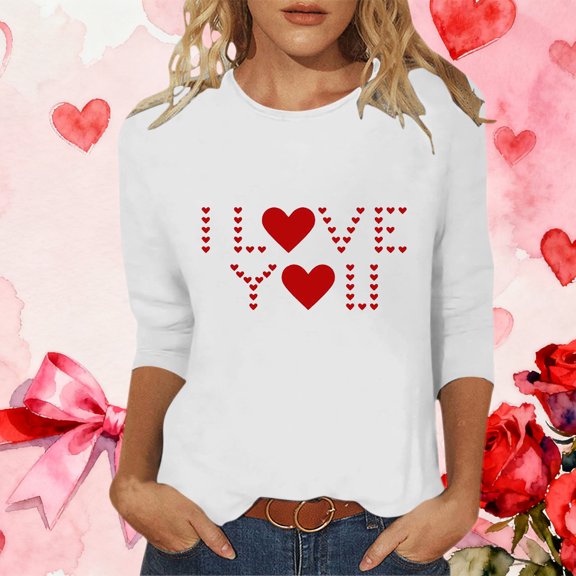 Odbmxy 3/4 Sleeve Womens Plus Size T Shirts Valentines Womens Top Vacation Love Print Leisure Regular Basic Tops White