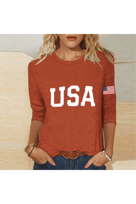3/4 Sleeve Womens Plus Tees Independence Day Summer Shirts for Women Trendy Party American Flag Loose Casual Tops