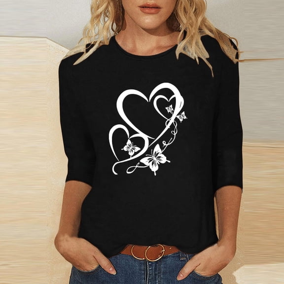 Odbmxy 3/4 Sleeve Womens T Shirts Valentine's Day Womens Plus Size Tops Workout Festivals Leisure Heart Print Loose Tops Black