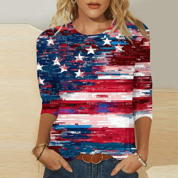 Odbmxy 3/4 Sleeve Womens Tee Shirts Plus Size Independence Day Womens Plus Size Tops Retro Regular Leisure Party Tops,Red XXL