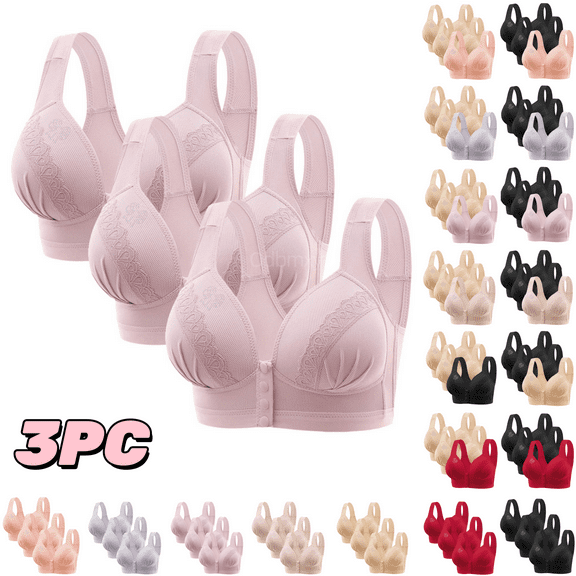 Odbmxy 3PC Push up Ladies Bras Wireless Womens Plus Size Bras Everyday Solid Color Button Full Coverage Bras,Pink XXL