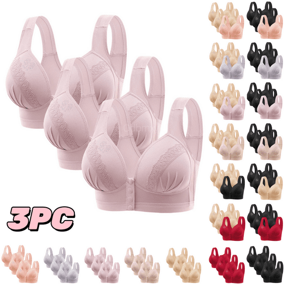 Odbmxy 3PC Push up Ladies Bras Wireless Womens Plus Size Bras Everyday Solid Color Button Full Coverage Bras,Pink XXL
