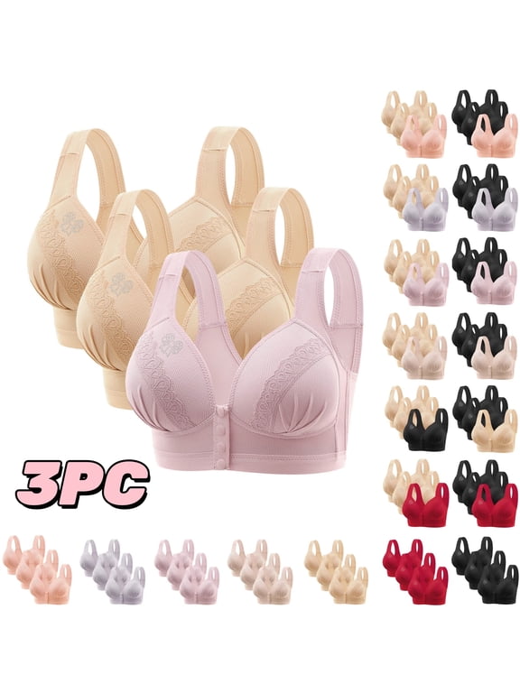 3PC Wireless Women's Bra Push up Bra for Plus Size Women Soft Homewear Full Coverage Button Plain Bras,Pink XL