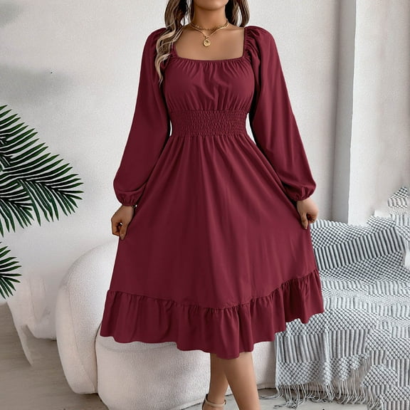 Odbmxy A-Line Midi Dress Women Long Sleeve Women's Plus Size Dresses Solid Color Peplum Tunic Fairy Regular Dresses,Red XL