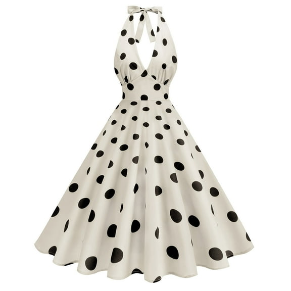Odbmxy A-Line Midi Dress Women V-Neck Halter Sleeveless Womens Plus Size Dresses Elegant Holiday Polka Dots Fairy Dresses,Black XL