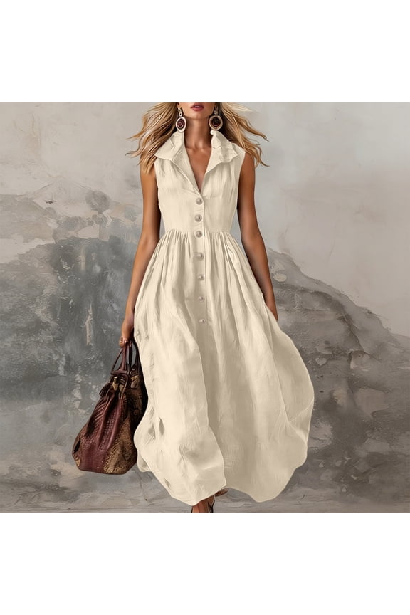 A-Line Womens Shirt Dresses Summer Cotton Sleeveless Tunic Button Collared Women Maxi Dress Classy