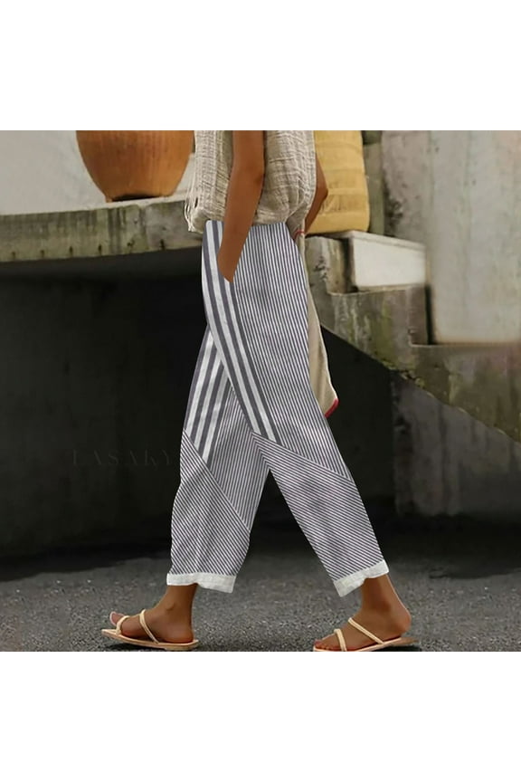 Ankle Pant Woman Cotton Straight-Leg Trousers for Women Sports Loose with Pockets Gray Striped Elastic Waist Pants,L