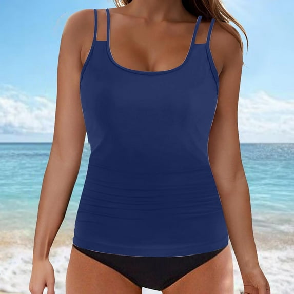 Odbmxy Bathing Suit for Women Tankini Camisole Padded Plus Size Swimsuit for Women Beach Wire-Free Solid Color Swimwear,Blue M