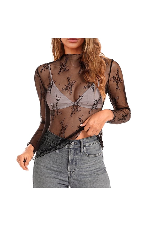 Black Undershirt Women Long Sleeve Tops for Women Lace Leisure Mesh Slim Solid Bottoming Shirt