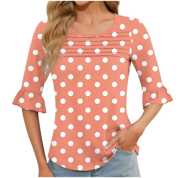 Odbmxy Blouses for Women Elbow-Length Polka Dots Summer Womens T Shirts Ruffles Tunic Holiday Loose Casual Orange Tops