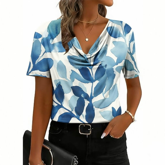 Odbmxy Blouses for Women Plus Size Summer V-Neck Short Sleeve Womens Plus Tees Slim Vintage Blue Breathable Graphic Tops