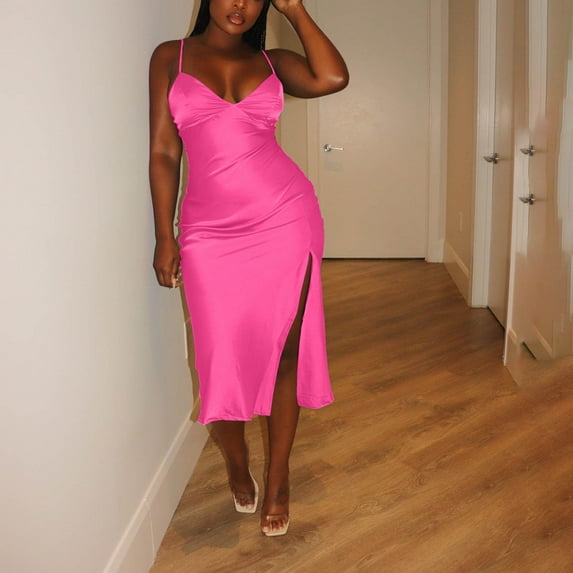 Odbmxy Bodycon Midi Dress Women V-Neck Sleeveless Womens Plus Dress Club Slim Adjustable Solid Color Party Dresses,Pink M