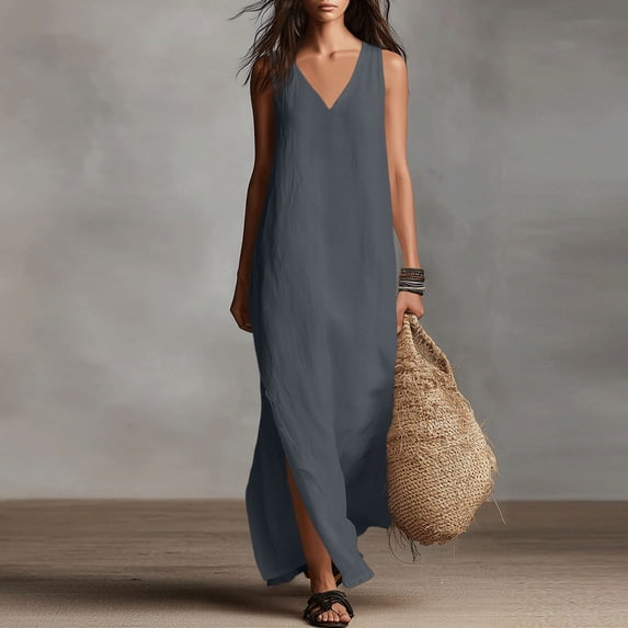 Odbmxy Boho Dresses for Women Tank Summer Cotton Linen Sleeveless Modest Vacation Maxi Dresses for Women V-Neck Shift