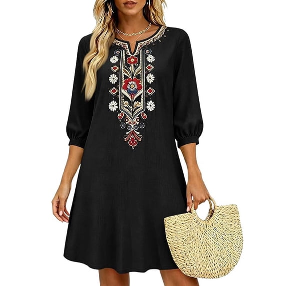 Odbmxy Boho Midi Dress for Women Cotton Linen 3/4 Sleeve Fall Shift V-Neck Vacation Embroidery Peasant Womens Dress