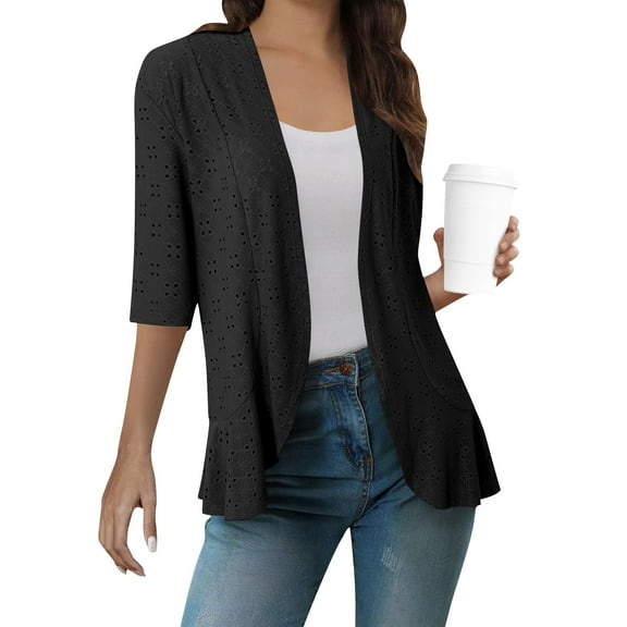 Odbmxy Cardigans for Women Plus Sizes Elbow-Length Summer Tops Women Open Front Solid Color Dressy Hollow Out Cardigans,Black M