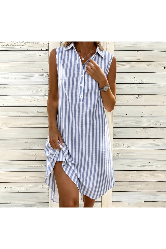 Casual Shirt Dress Women Summer Cotton Linen Sleeveless Shift Button Holiday Womens Mini Dress Striped Collared