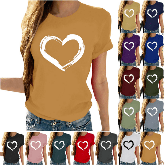 Odbmxy Casual Tops for Women Valentines Short Sleeve Shirts for Women Summer Heart Print Relaxed T-Shirts
