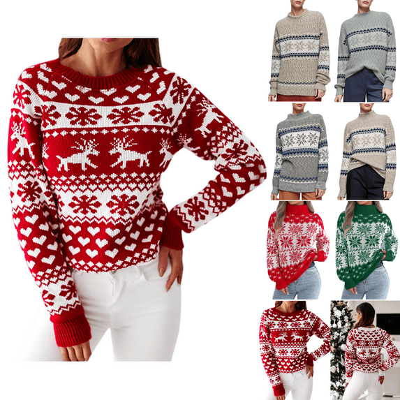 Odbmxy Christmas Sweaters for Women Funny Long Sleeve Pullover Women Sweater Red Regular Comfy Knitted Sweaters