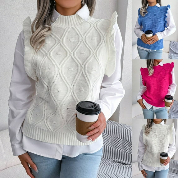 Odbmxy Chunky Women Sweater Pullover Sleeveless Sweater Vest Women Solid Color Loose White Knitted Sweaters