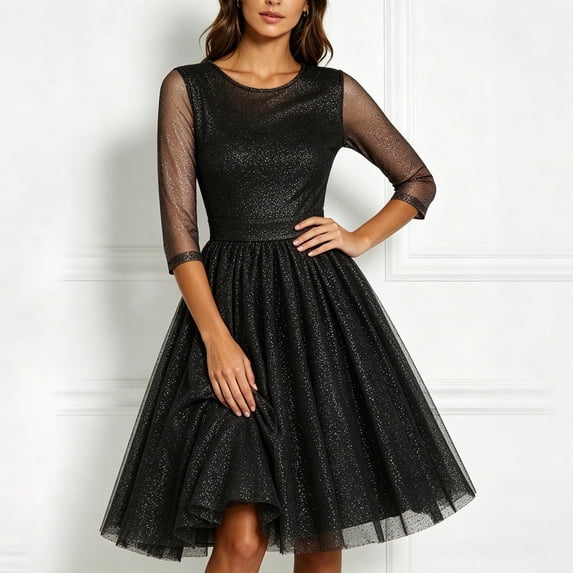 Odbmxy Cocktail Womens Midi Dresses 3/4 Sleeve Sequin Fall A-Line Plain Loose Evening Gown Sparkly Dresses for Women