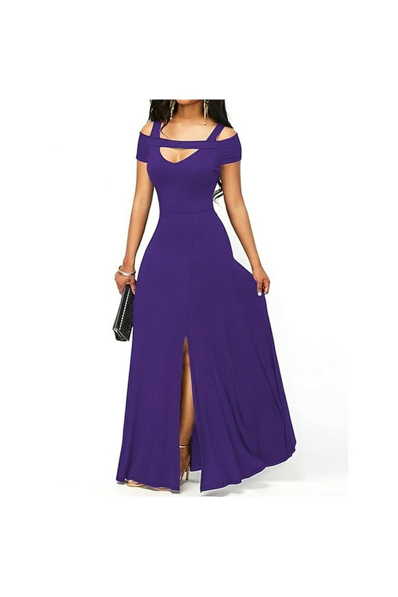 Cold Shoulder Maxi Dresses for Women Short Sleeve Evening Gown Woman Dresses Plus Size Solid Loose Dressy Dresses,Purple XL
