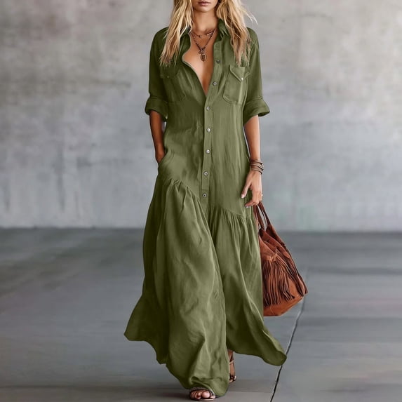 Odbmxy Collared Womens Maxi Dress Fall 3/4 Sleeve Tunic Regular Button Shirt Dress Women Shift Solid Color with Pockets