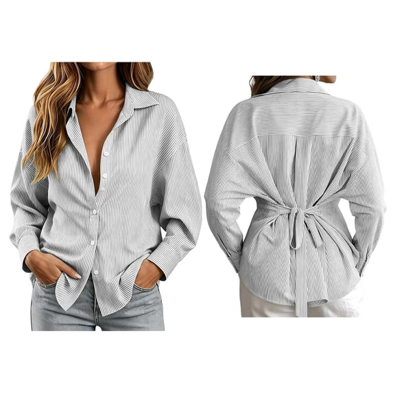 Odbmxy Collared Womens Shirt Long Sleeve Fall Striped Button Down Tie Back Casual Blouse Women Vacation Regular