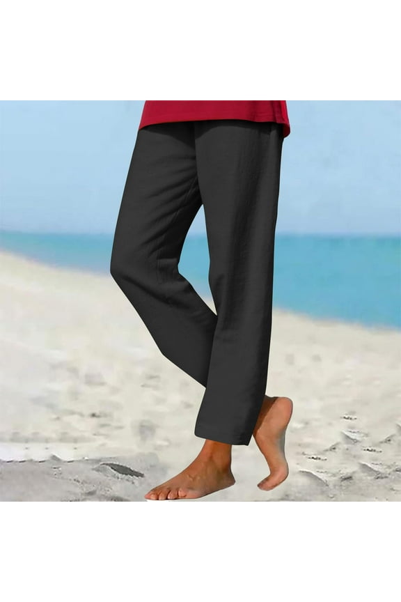 Cotton Linen Pants Women Straight-Leg Long Trousers Women Beach Plain Elastic Waist Black Loose with Pockets Pants,XXL
