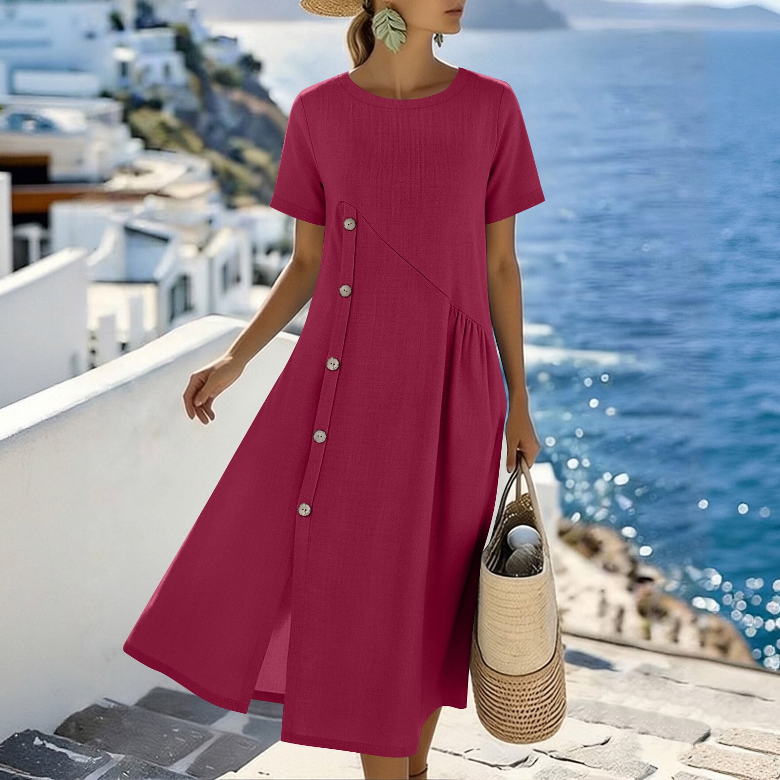 Odbmxy Cotton Linen Women's Midi Dresses Summer Shift Short Sleeve T-Shirt Button Modest Dress Women Everyday